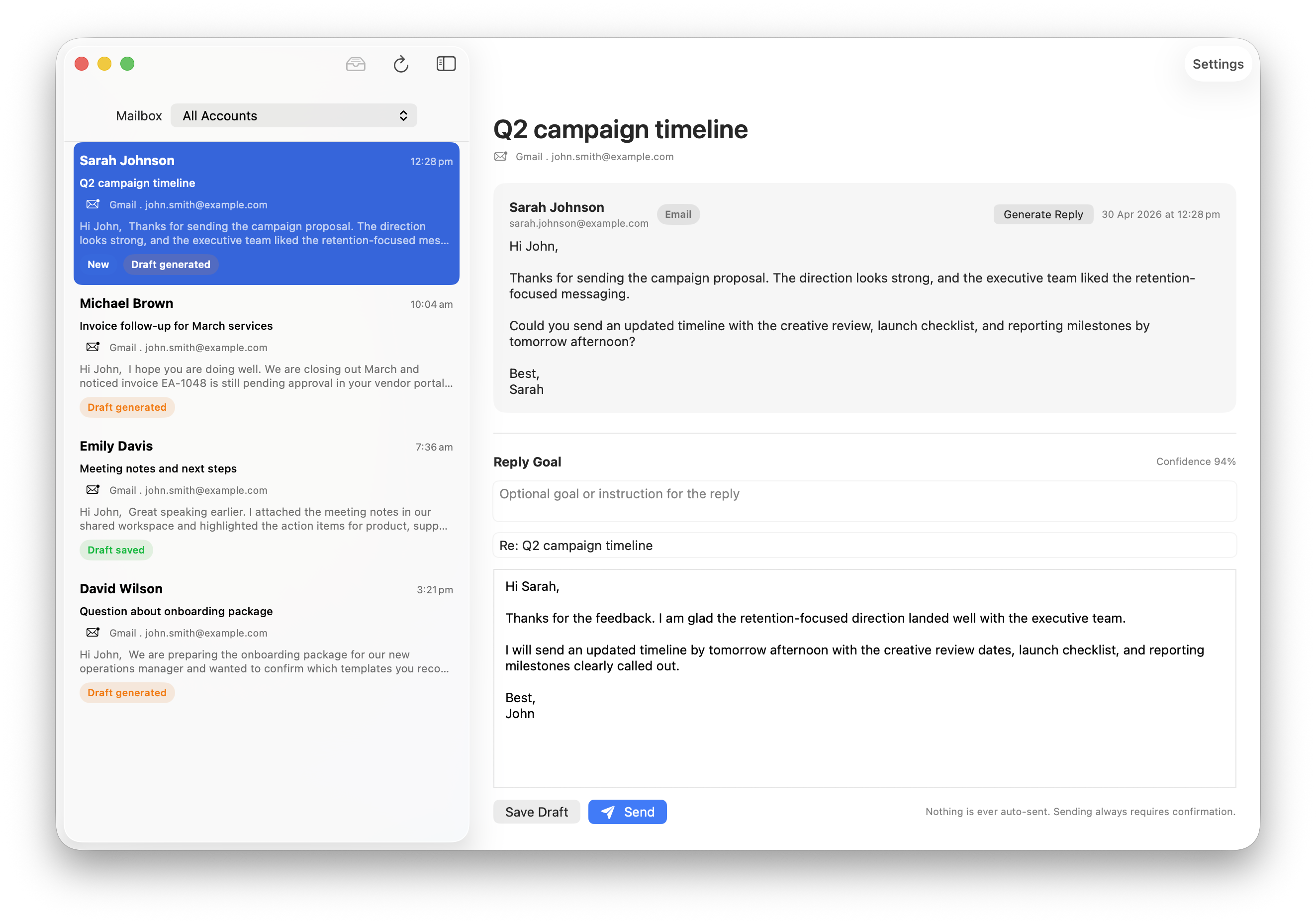 MailBuddy macOS ઇનબૉક્સ અને AI જવાબ ડ્રાફ્ટ એડિટર