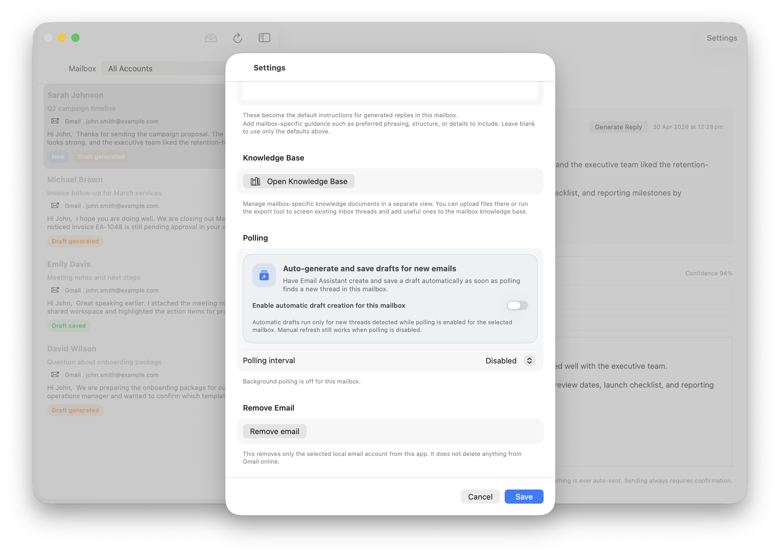 MailBuddy macOS નૉલેજ બેઝ અને પોલિંગ માટે મેઇલબૉક્સ સેટિંગ્સ
